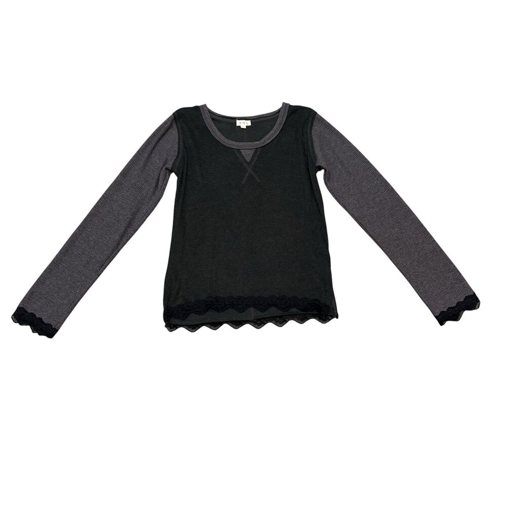 POL Gray Lace Trim Thermal Long Sleeve Top Size L